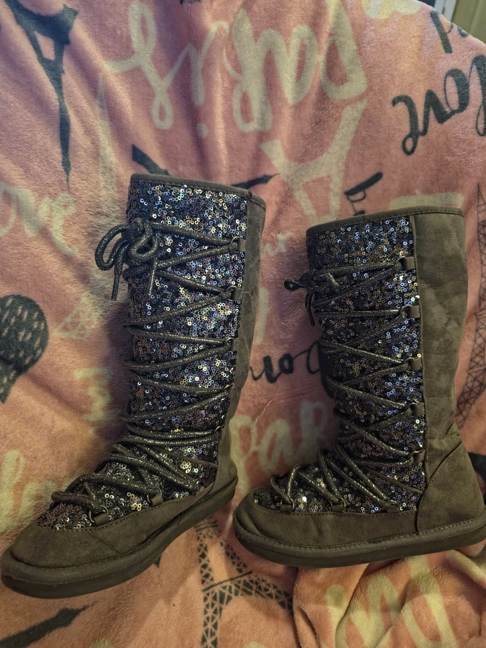 JUSTICE Girls Bling Bling Sequinced Boots w tie up laces sz 3